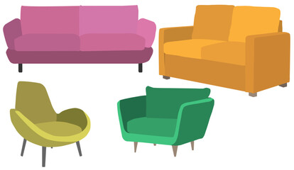 Set of furniture, couch, sofa, armchair, for livingroom, animation, vector file with or without outlines
