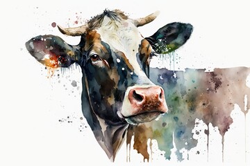 Watercolor cow illustration white background,Generative AI
