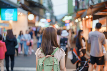 woman traveler visiting in Taiwan, Tourist with bag sightseeing and Shopping in Shilin Night Market, landmark and popular attractions in Taipei city. Asia Travel and Vacation concept