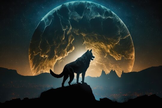 werewolf, with full moon peeking over the horizon, in beautiful nighttime landscape, created with generative ai