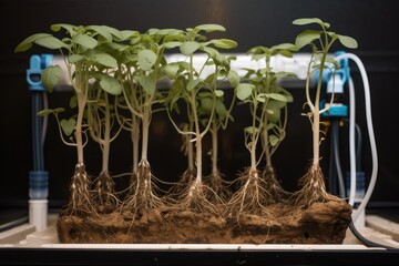 close-up of hydroponic system with the roots of plants visible, created with generative ai