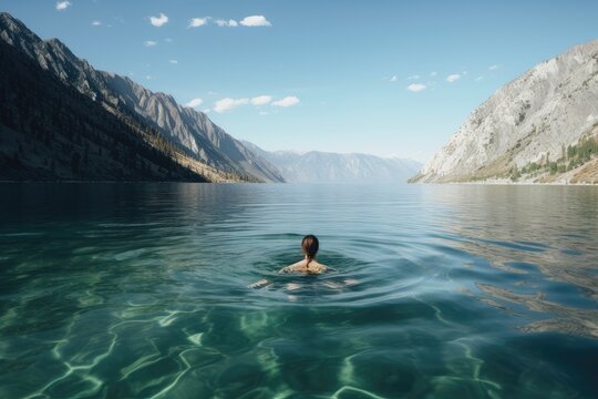 person, swimming in crystal-clear lake, with mountains visible in the background, created with generative ai