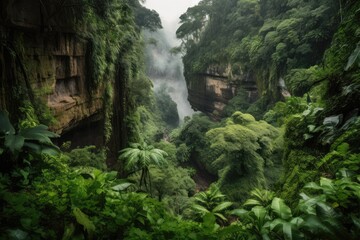 lush jungle growing on the cliffs of a canyon, with waterfalls and wildlife, created with generative ai