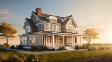 Fototapeta na wymiar Cape cod exterior house design in daytime golden hour generative ai