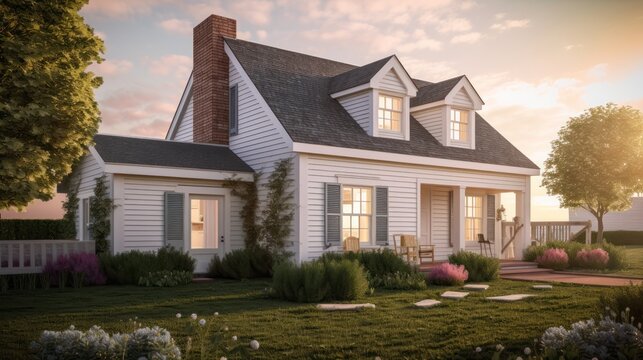 Cape cod exterior house design in daytime golden hour generative ai