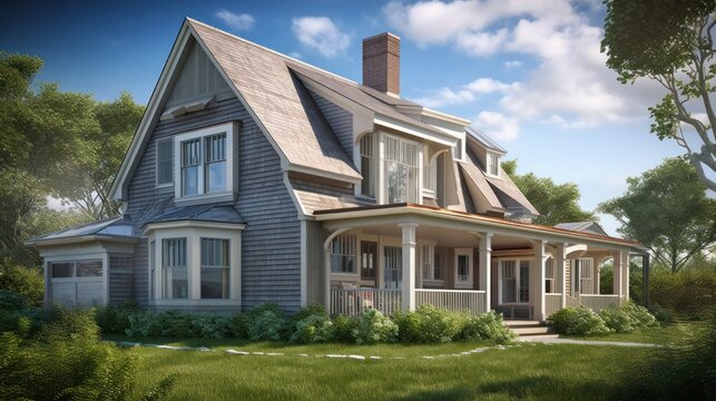 Cape cod exterior house design in daytime golden hour generative ai