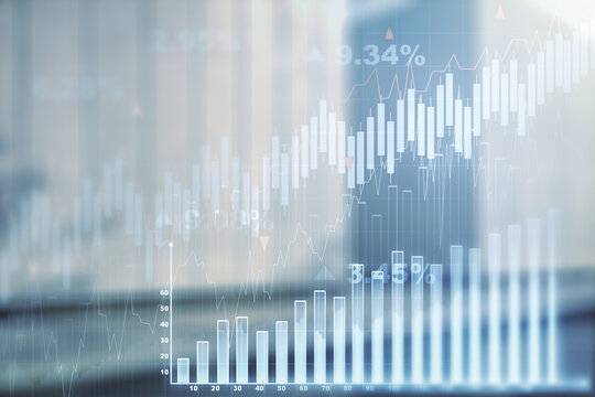 Multi exposure of virtual abstract financial graph interface on blurry contemporary office building background, financial and trading concept