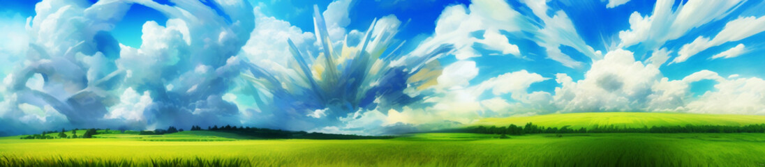 Obraz na płótnie Canvas 清涼感のある雲と草原の横長サイズのイラスト
