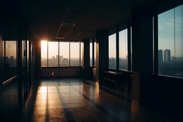 Evening light shining through empty office windows. Generative AI