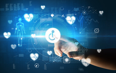 Doctor hand pressing futuristic health device with medical symbol on screen