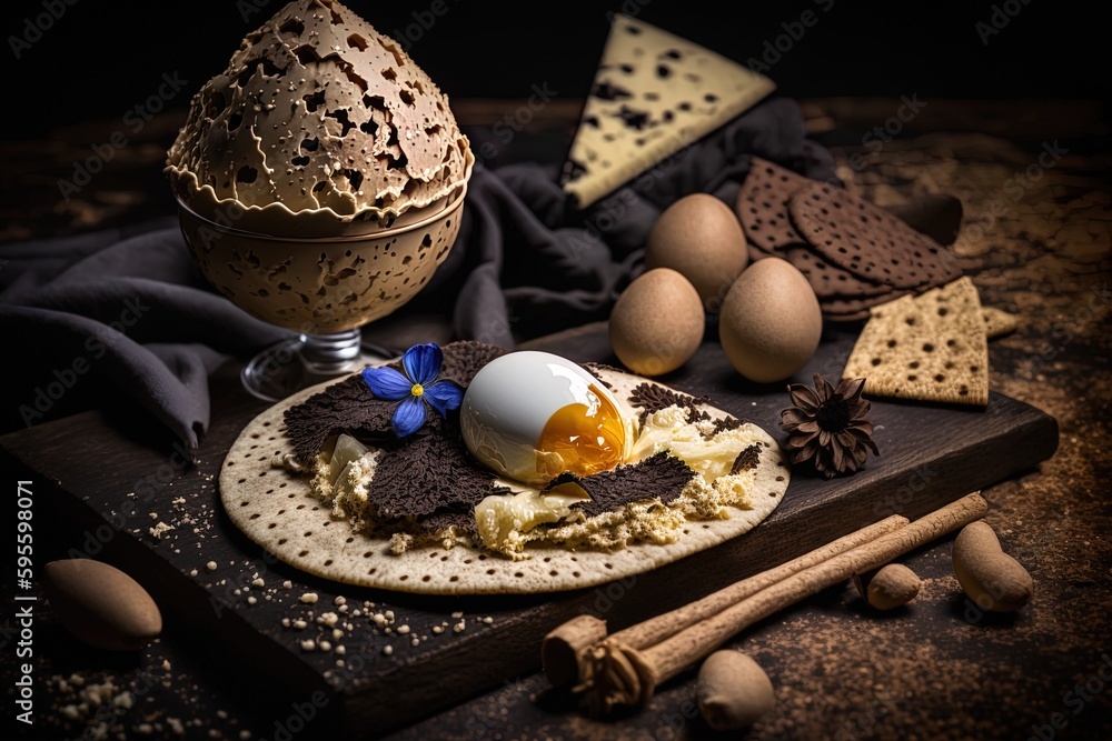 Wall mural Scrumptious egg dish topped with truffles and pita. Generative AI - Wall murals