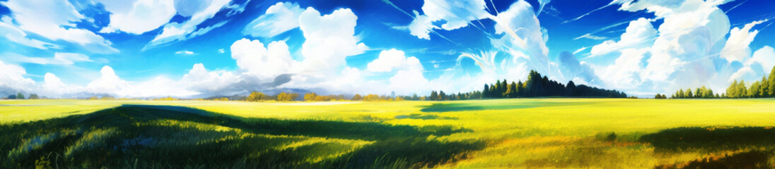Obraz premium 清涼感のある雲と草原の横長サイズのイラスト