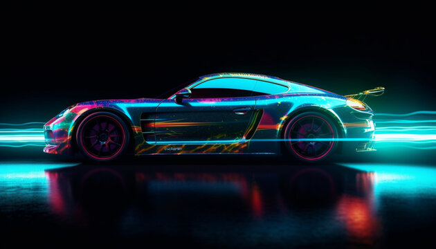sports car on a dark background with colored lights Generative ai