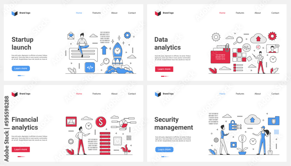 Poster startup launch and financial data analytics, secure management set vector illustration. cartoon tiny
