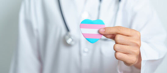 Transgender Day and LGBT pride month,  LGBTQ+ or LGBTQIA+ concept. Doctor holding blue, pink and white heart shape for Lesbian, Gay, Bisexual, Transgender, Queer and Pansexual community - obrazy, fototapety, plakaty