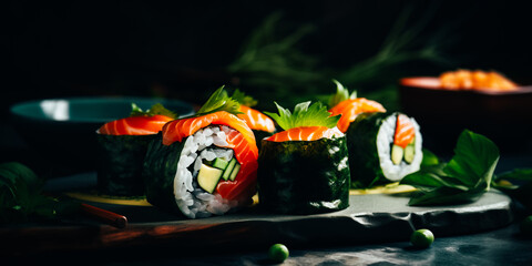 Close-up of sushi with salmon and avocado