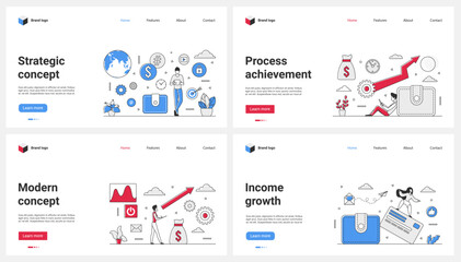 Modern financial achievement, process and strategy for development of income growth set vector illustration. Cartoon tiny people plan future progress, creative goals and success of corporate projects