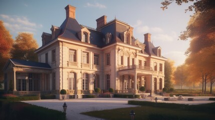 Fototapeta na wymiar Chateau exterior house design in daytime golden hour generative ai