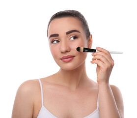 Woman with makeup brush on white background