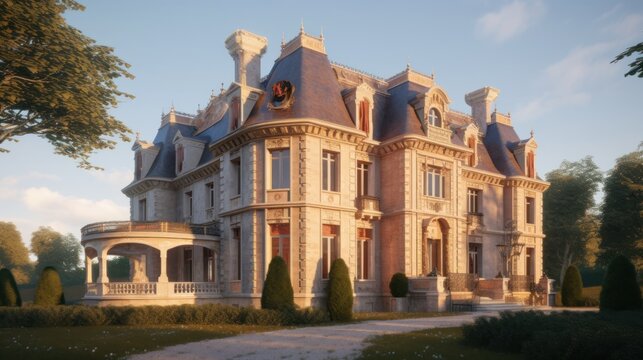Chateau exterior house design in daytime golden hour generative ai