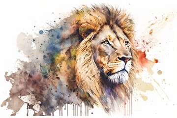 Naklejka premium Watercolor lion illustration white background,Generative AI