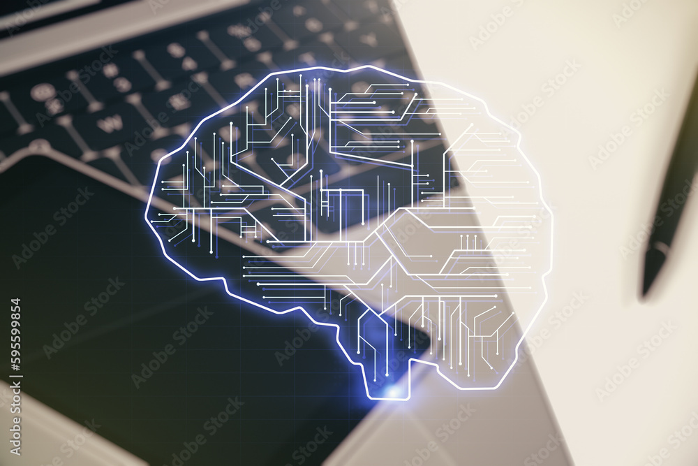Aufkleber Creative artificial Intelligence concept with human brain sketch on modern computer background. Double exposure