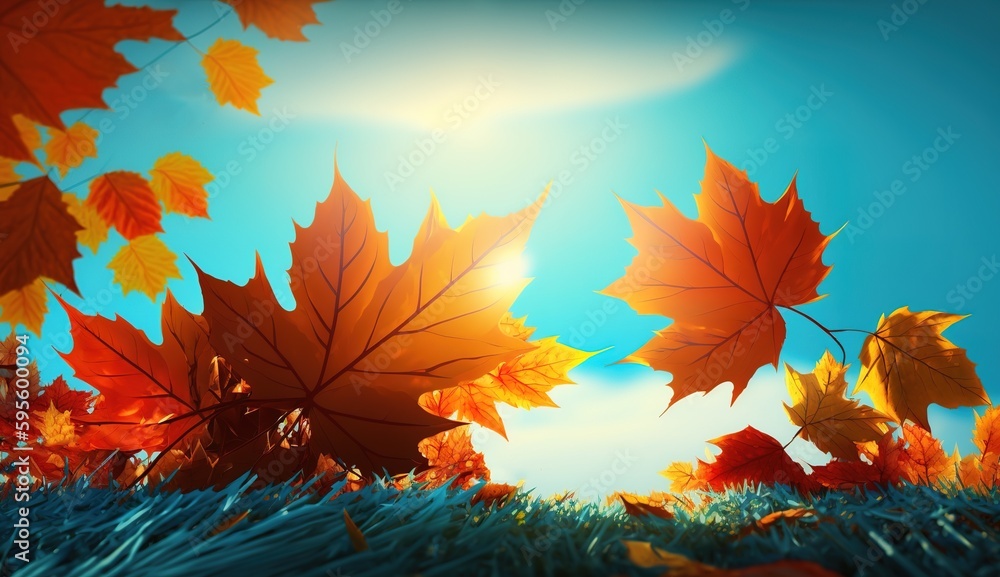 Wall mural blue sky and grass covered with maple leaves in the fall generative ai