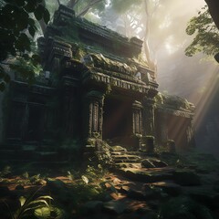 Mysterious Jungle Temple in Ruins, Covered in Vines and Moss