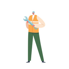 Skilled And Experienced Factory Engineer Male Character Using Wrench, Overseeing Production Lines, Vector Illustration