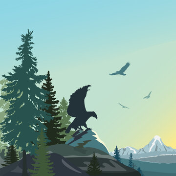 Alpinel landscape with trees, mountainse, rocks and eagl silhouettes. Vector illustration