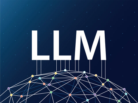 LLM / Large Language Model background. Blue dark wallpaper with connected LLM text illustration
