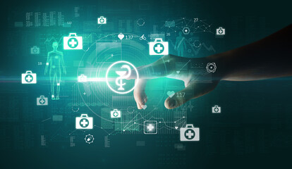 Doctor hand pressing futuristic health device with medical symbol on screen