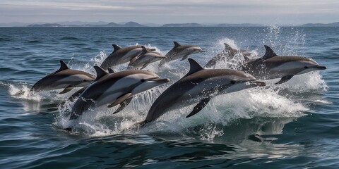 A school of dolphins swimming together and leaping out of the water, concept of Marine biodiversity, created with Generative AI technology