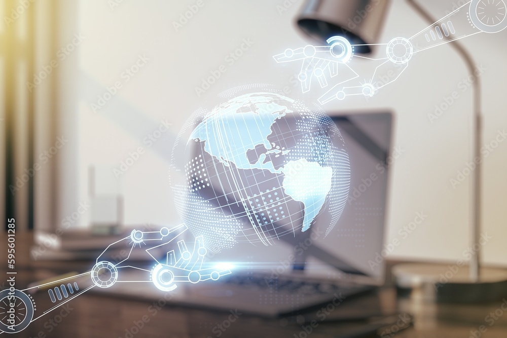 Poster creative concept of robotics technology with globe sketch on modern laptop background. robot develop