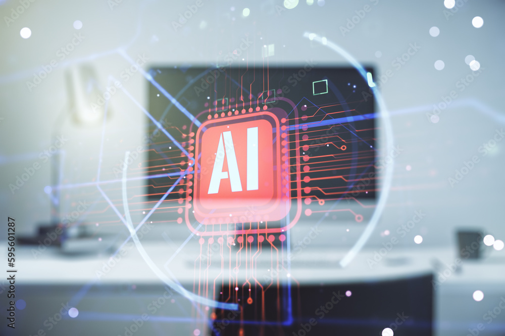 Poster double exposure of creative artificial intelligence abbreviation with computer on background. future