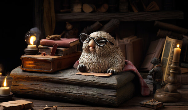 Cute strange animal wearing glasses. Fluffy creature sitting among the books and candles. Generative AI.