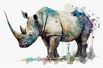 Fototapeta premium Watercolor rhino illustration white background,Generative AI