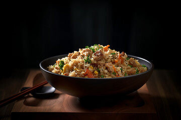 Fried rice in a black bowl on a dark slate background. Vegetarian rice is an Indochinese dish with bell peppers, green beans, and carrots. ai generative - obrazy, fototapety, plakaty