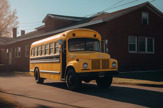 yellow school bus, sunny day. back to school. ai generative