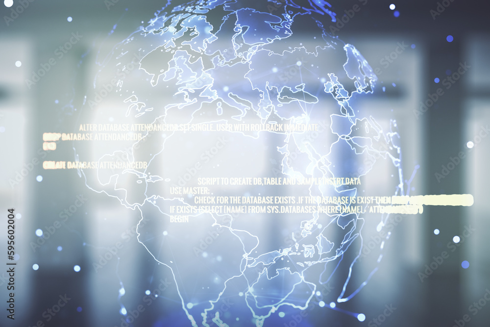 Poster abstract virtual coding concept and world map hologram on empty corporate office background. multiex