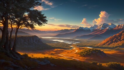 Fototapeta na wymiar Fantasy landscape. Mountain lake in the mountains. 3d illustration