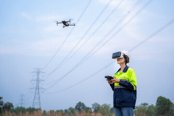 A female electrical engineer wearing vr goggles using drone to inspect power station to explore...