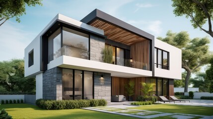 Fototapeta premium Contemporary exterior house design in daytime golden hour generative ai