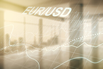 EURO USD forex graph sketch on empty room interior background, strategy and forecast concept. Multiexposure