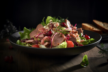 Fresh salad with chicken breast, arugula and tomato. ai generative