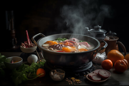 Hot pot with delicious soup on the table. ai generative