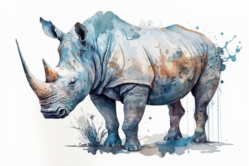 Fototapeta premium Watercolor rhino illustration white background,Generative AI