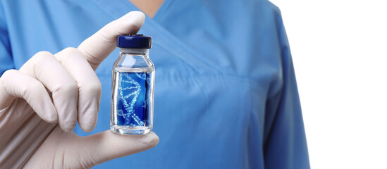 Genetics research. Scientist holding vial with liquid and illustration of DNA structure on white...