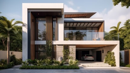 Fototapeta premium Contemporary exterior house design in daytime golden hour generative ai