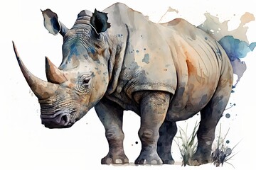 Fototapeta premium Watercolor rhino illustration white background,Generative AI